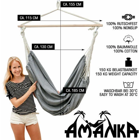 AMANKA Amaca 185x130cm EXTRA-SICURA Sedia Di Cotone XXL Per Sedersi Sdraiarsi Dondolarsi Max 150kg Sedile Sospeso Grigio - immagine 2