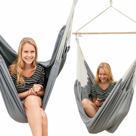 AMANKA Amaca 185x130cm EXTRA-SICURA Sedia Di Cotone XXL Per Sedersi Sdraiarsi Dondolarsi Max 150kg Sedile Sospeso Grigio - immagine 5