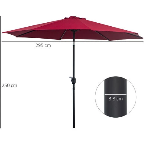 Outsunny Ombrellone Da Giardino Impermeabile Inclinabile φ3x2.45m Rosso Vino - immagine 3