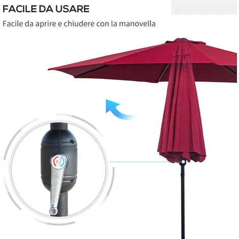 Outsunny Ombrellone Da Giardino Impermeabile Inclinabile φ3x2.45m Rosso Vino - immagine 5