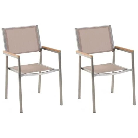 Set Di 2 Sedie Da Giardino In Tessuto Beige E Gambe In Acciaio Inox Grosseto