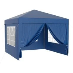 Gazebo 3x3m Con Teli Laterali In Blu Rimovibili, Pieghevoli E Con Finestra