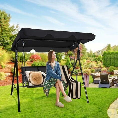 COSTWAY Dondolo Da Giardino A 3 Posti, Con Tettuccio Parasole Regolabile, Sedia A Dondolo Da Giardino Con Telaio In Acciaio, 173 X 119 X 152 Cm, Nero - immagine 2