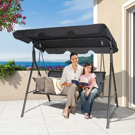 COSTWAY Dondolo Da Giardino A 3 Posti, Con Tettuccio Parasole Regolabile, Sedia A Dondolo Da Giardino Con Telaio In Acciaio, 173 X 119 X 152 Cm, Nero - immagine 3