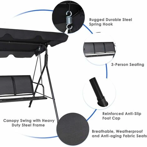 COSTWAY Dondolo Da Giardino A 3 Posti, Con Tettuccio Parasole Regolabile, Sedia A Dondolo Da Giardino Con Telaio In Acciaio, 173 X 119 X 152 Cm, Nero - immagine 4
