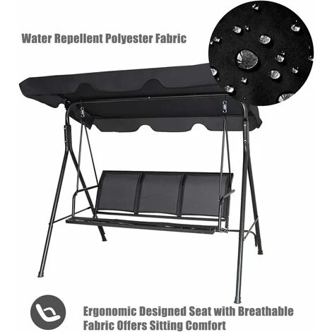 COSTWAY Dondolo Da Giardino A 3 Posti, Con Tettuccio Parasole Regolabile, Sedia A Dondolo Da Giardino Con Telaio In Acciaio, 173 X 119 X 152 Cm, Nero - immagine 5