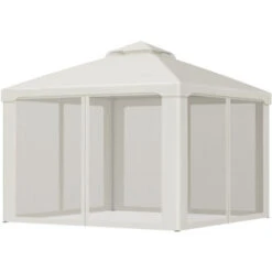 Outsunny Gazebo Da Giardino Con Paletti E Corde Doppio Tetto Zanzariera Pareti Laterali Beige 295 X 295 X 263 Cm