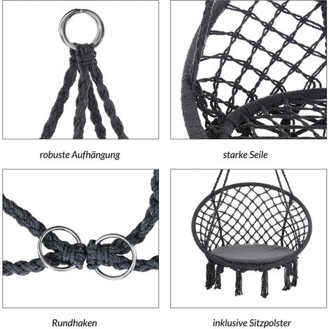 Detex Sedia Sospesa Da Gardino 150kg Cuscino 2 Anelli In Acciaio Seduta Oscillante Colore A Scelta Antracite - immagine 4