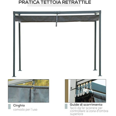 Outsunny Gazebo Pergola Con Telo Scorrevole Per Esterni, 298 X 213 X 222 Cm - immagine 5