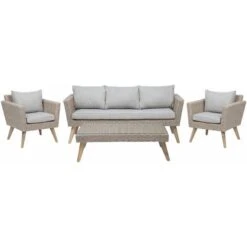 Set Esterno Rattan Marrone Divano 3 Posti 2 Poltrone Tavolino Cuscini Grigi Vittoria XL