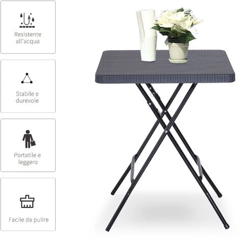Outsunny Tavolo Pieghevole Da Esterno Effetti Vimini Con Struttura In Metallo Nero E Marrone 60 X 60 X 74 Cm - immagine 4