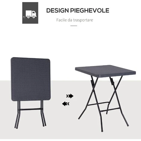 Outsunny Tavolo Pieghevole Da Esterno Effetti Vimini Con Struttura In Metallo Nero E Marrone 60 X 60 X 74 Cm - immagine 5