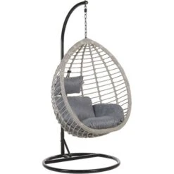 Sedia A Dondolo Sospesa Con Piedistallo In Rattan Grigio Boho Rustico Tollo