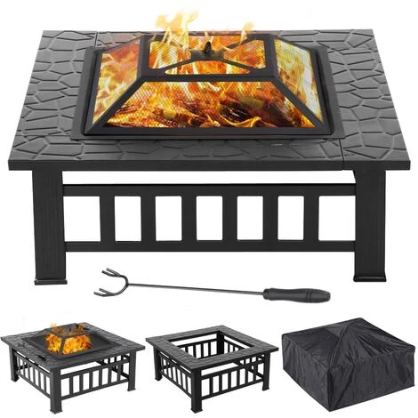 Yaheetech Braciere Da Esterno Giardino Tavolo Quadrato Per Riscaldamento 81 X 81 X 50 Cm In Ferro Nero - immagine 4