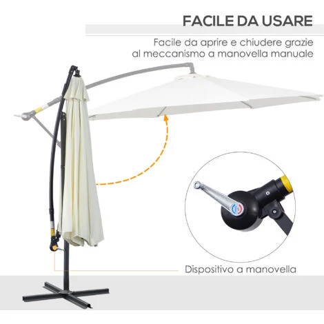 Outsunny Ombrellone Da Giardino A Braccio Con Manovella, Φ3x2.5m, Bianco - immagine 4