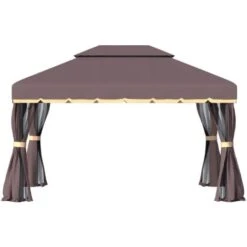 Outsunny Gazebo Da Giardino Con Doppio Tetto E Zanzariera In Poliestere, Caffè, 2.9x3.9m