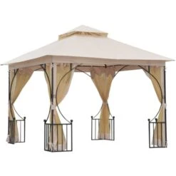 Outsunny Gazebo Da Giardino Con Doppio Tettuccio In Metallo E Poliestere, Beige, 3x3m