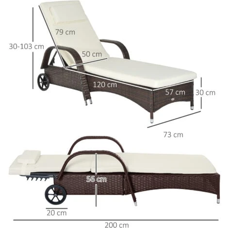 Outsunny Lettino Sdraio Reclinabile In PE Rattan Con Materassino Imbottito E Ruote, Marrone - immagine 3