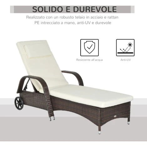 Outsunny Lettino Sdraio Reclinabile In PE Rattan Con Materassino Imbottito E Ruote, Marrone - immagine 4