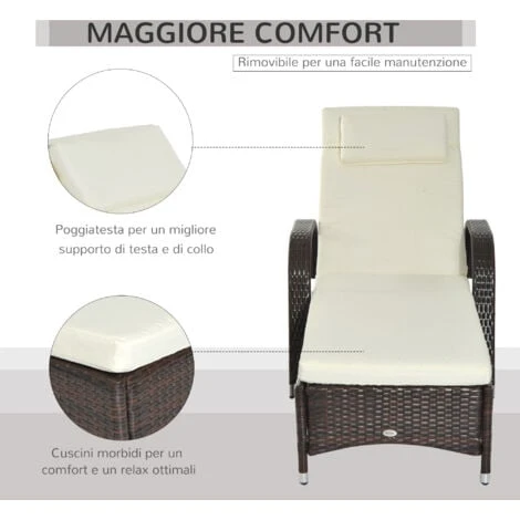 Outsunny Lettino Sdraio Reclinabile In PE Rattan Con Materassino Imbottito E Ruote, Marrone - immagine 5