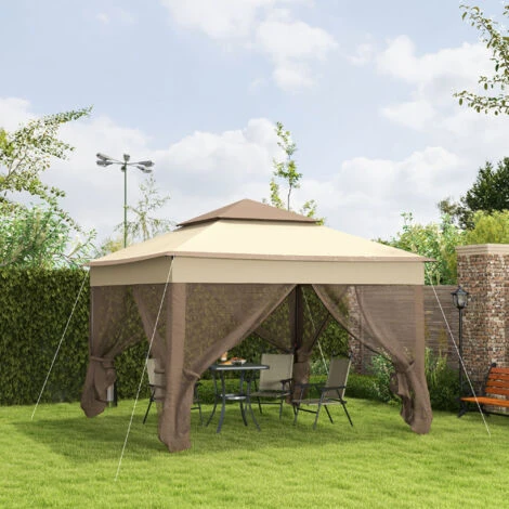 Outsunny Gazebo Doppio Tetto Impermeabile Con Zanzariere, Marrone, 325x325cm - immagine 2