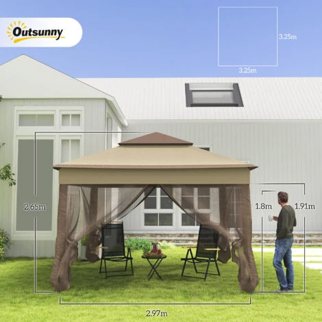 Outsunny Gazebo Doppio Tetto Impermeabile Con Zanzariere, Marrone, 325x325cm - immagine 3