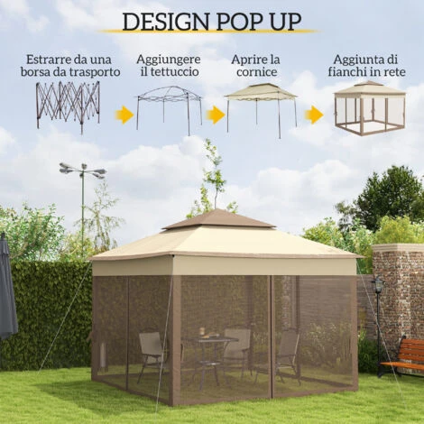 Outsunny Gazebo Doppio Tetto Impermeabile Con Zanzariere, Marrone, 325x325cm - immagine 4