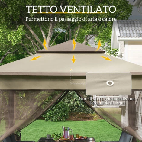 Outsunny Gazebo Doppio Tetto Impermeabile Con Zanzariere, Marrone, 325x325cm - immagine 5