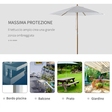 Ombrellone Da Giardino Rotondo Outsunny, In Bambù, Bianco Crema, Ø250 X 230cm - immagine 4