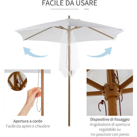 Ombrellone Da Giardino Rotondo Outsunny, In Bambù, Bianco Crema, Ø250 X 230cm - immagine 5