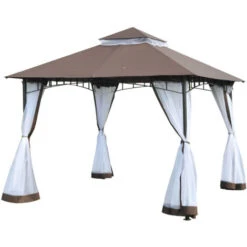 Outsunny Gazebo Da Giardino 3x3m Con Zanzariera, Tetto A 2 Livelli In Poliestere Struttura In Metallo Marrone