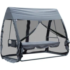 Outsunny Dondolo Da Giardino Con Zanzariera E Cuscino In Ferro, Grigio, 240x140x197cm