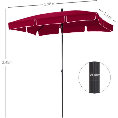 Outsunny Ombrellone Da Giardino Rettangolare Con Inclinazione Regolabile E Palo In Alluminio, 198x130x240cm, Rosso E Nero - immagine 3