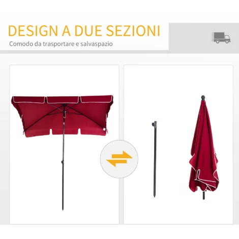 Outsunny Ombrellone Da Giardino Rettangolare Con Inclinazione Regolabile E Palo In Alluminio, 198x130x240cm, Rosso E Nero - immagine 5