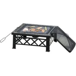 Outsunny Braciere Da Giardino Con Coperchio Parascintille E Griglia Per Barbecue In Metallo 76x76x47cm Nero