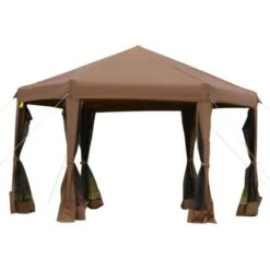 Outsunny Gazebo Da Giardino Pieghevole Con Zanzariera, Struttura Esagonale Acciaio E Poliestere, 3.6x3.6x2.6m Marrone