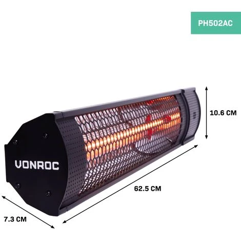 VONROC Stufa Riscaldante A Infrarossi 2000W Da Esterno. 2 Livelli Di Calore. Per Parete E Soffitto. Protezione IP65. Con Elemento Anabbagliante. Incl. Telecomando. Nero - immagine 3