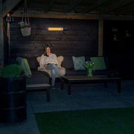 VONROC Stufa Riscaldante A Infrarossi 2000W Da Esterno. 2 Livelli Di Calore. Per Parete E Soffitto. Protezione IP65. Con Elemento Anabbagliante. Incl. Telecomando. Nero - immagine 5