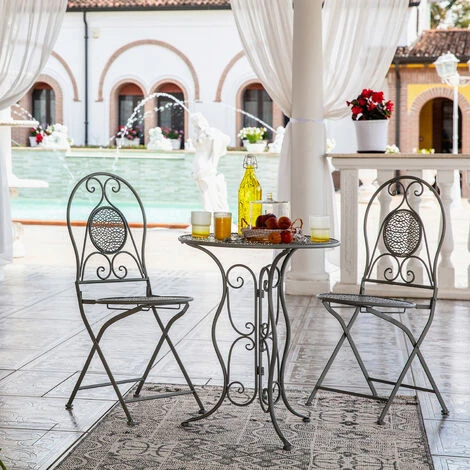 Set Da Giardino Tavolino E 2 Sedie Pieghevoli In Ferro Grigio - immagine 3