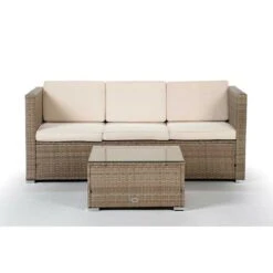KieferGarden - Set Di Mobili Da Giardino E Terrazza, 3 Posti, Beige, Rattan Sintetico, Divano (160x69x65), Tavolo (61x61x37)