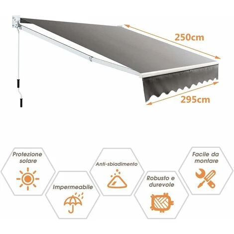 COSTWAY Tenda Da Sole Per Esterno Avvolgibile, Tenda Da Sole A Bracci Estensibili Con Telaio In Alluminio E Tettuccio Resistente Al Sole E Impermeabile E Manovella, 295 X 250 Cm, Grigio - immagine 4