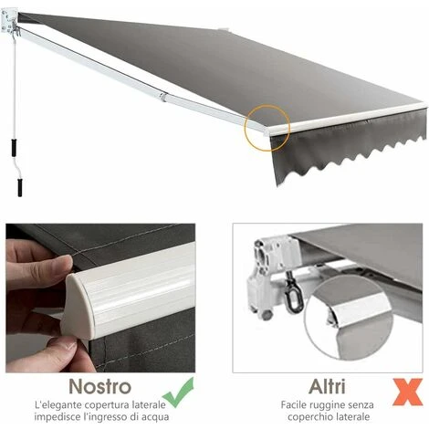 COSTWAY Tenda Da Sole Per Esterno Avvolgibile, Tenda Da Sole A Bracci Estensibili Con Telaio In Alluminio E Tettuccio Resistente Al Sole E Impermeabile E Manovella, 295 X 250 Cm, Grigio - immagine 5