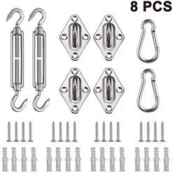 Set Di 8 Pezzi Di Attacco Per Vela Parasole, 2 Tenditori In Acciaio Inossidabile 2 Moschettoni 4 Accessori Per Vela Parasole Per Montaggio A Parete Per L'installazione Sicura Di Vele Quadrate E Triang