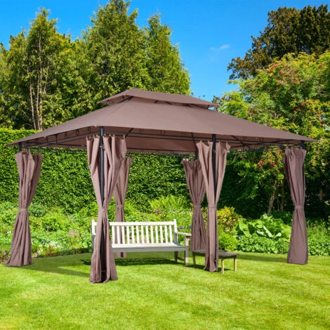 Outsunny Gazebo In Acciaio Con Doppio Tetto E Tende Impermeabili Color Cachi 4 X 3 M - immagine 2