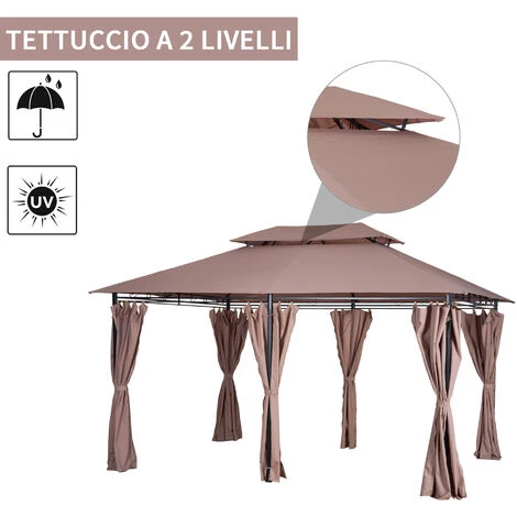 Outsunny Gazebo In Acciaio Con Doppio Tetto E Tende Impermeabili Color Cachi 4 X 3 M - immagine 5