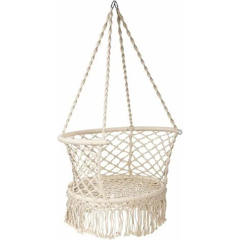 Poltrona Sospesa Con Sedile Ergonomico, Amaca Altalena Comoda Con Portata Massima Di 160 KG, Altalena A Maglia Con 4 Corde Di 90 Cm, Perfetta Per Balcone, Camera Da Letto, Giardino (Beige) - immagine 3