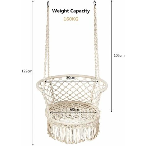 Poltrona Sospesa Con Sedile Ergonomico, Amaca Altalena Comoda Con Portata Massima Di 160 KG, Altalena A Maglia Con 4 Corde Di 90 Cm, Perfetta Per Balcone, Camera Da Letto, Giardino (Beige) - immagine 4