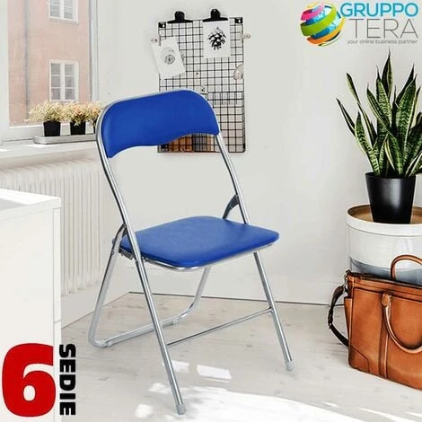 Set 6 Pezzi Sedie Imbottite Pieghevoli Colore BLU Struttura Silver Sedia Metal - immagine 3