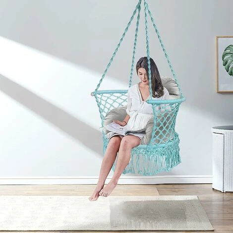 Poltrona Sospesa Con Sedile Ergonomico, Amaca Altalena Comoda Con Portata Massima Di 160 KG, Altalena A Maglia Con 4 Corde Di 90 Cm, Perfetta Per Balcone, Camera Da Letto, Giardino (Verde) - immagine 2