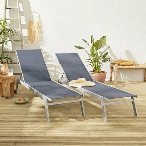 Lotto Di 2 Lettini Prendisole, Modello: ELSA In Alluminio, Colore: Grigio E Textilene, Colore: Grigio Scuro, Sdraio Multi-posizione Con Ruote